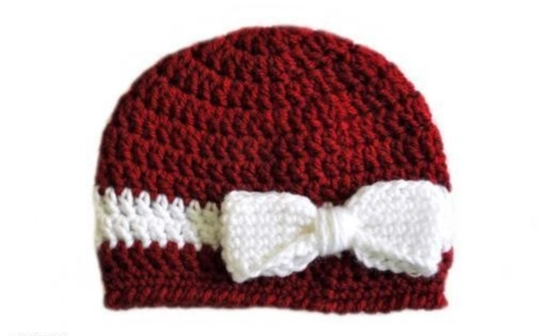 Hand Knitted Woolen Maroon Color Stylish kids Cap - 6-12 Months, Maroon, Woolen, Pack of1